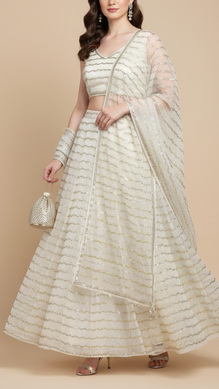 The Noor - White Dyeable Georgette Fabric With Thread And Sequins Work | 19330