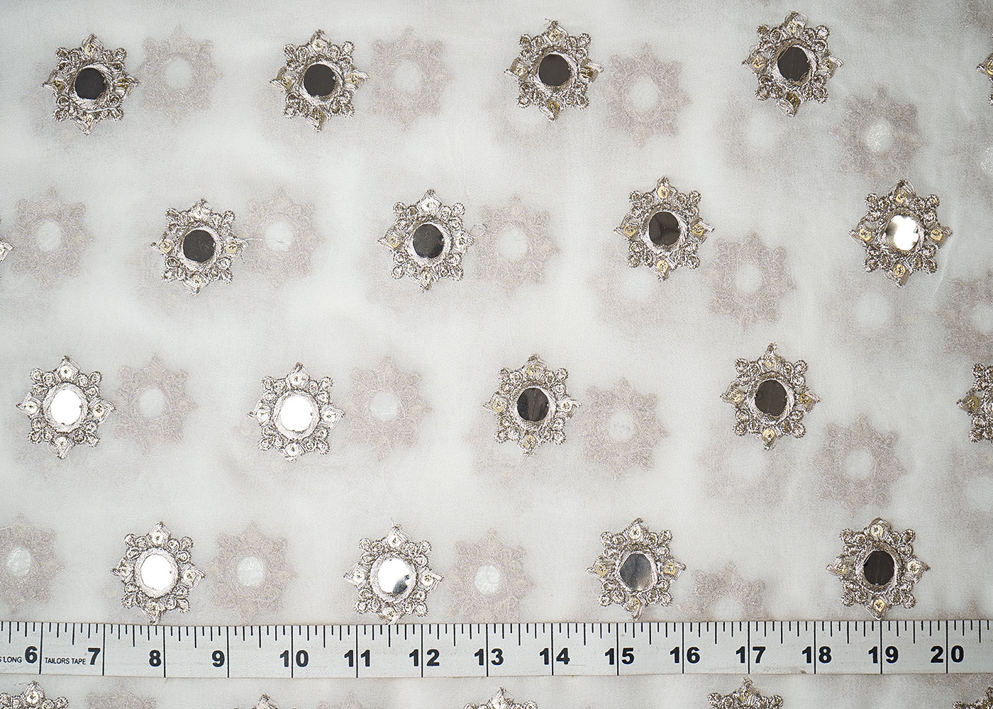 White Georgette Fabric With All Over Zari, Sequins And Faux Mirror Work 19335