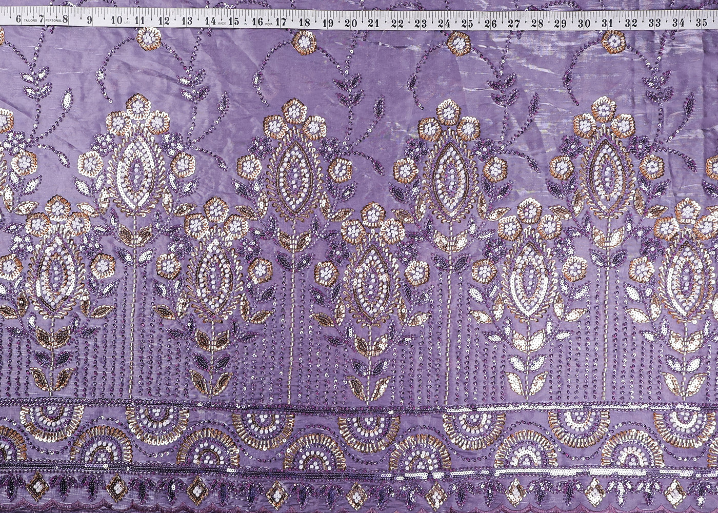 Lavender Organza Fabric With All Over Sequins And Bead Work With One Side Scalloped Border 19341