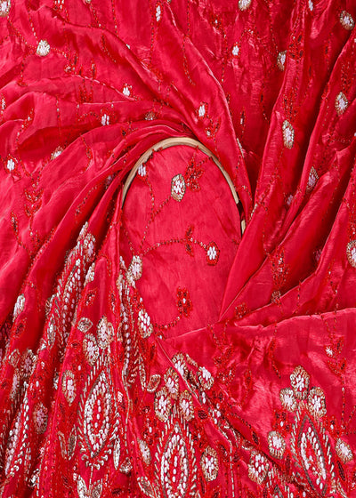 Red Organza Satin Fabric With All Over Sequins And Bead Work With One Side Scalloped Border 19342