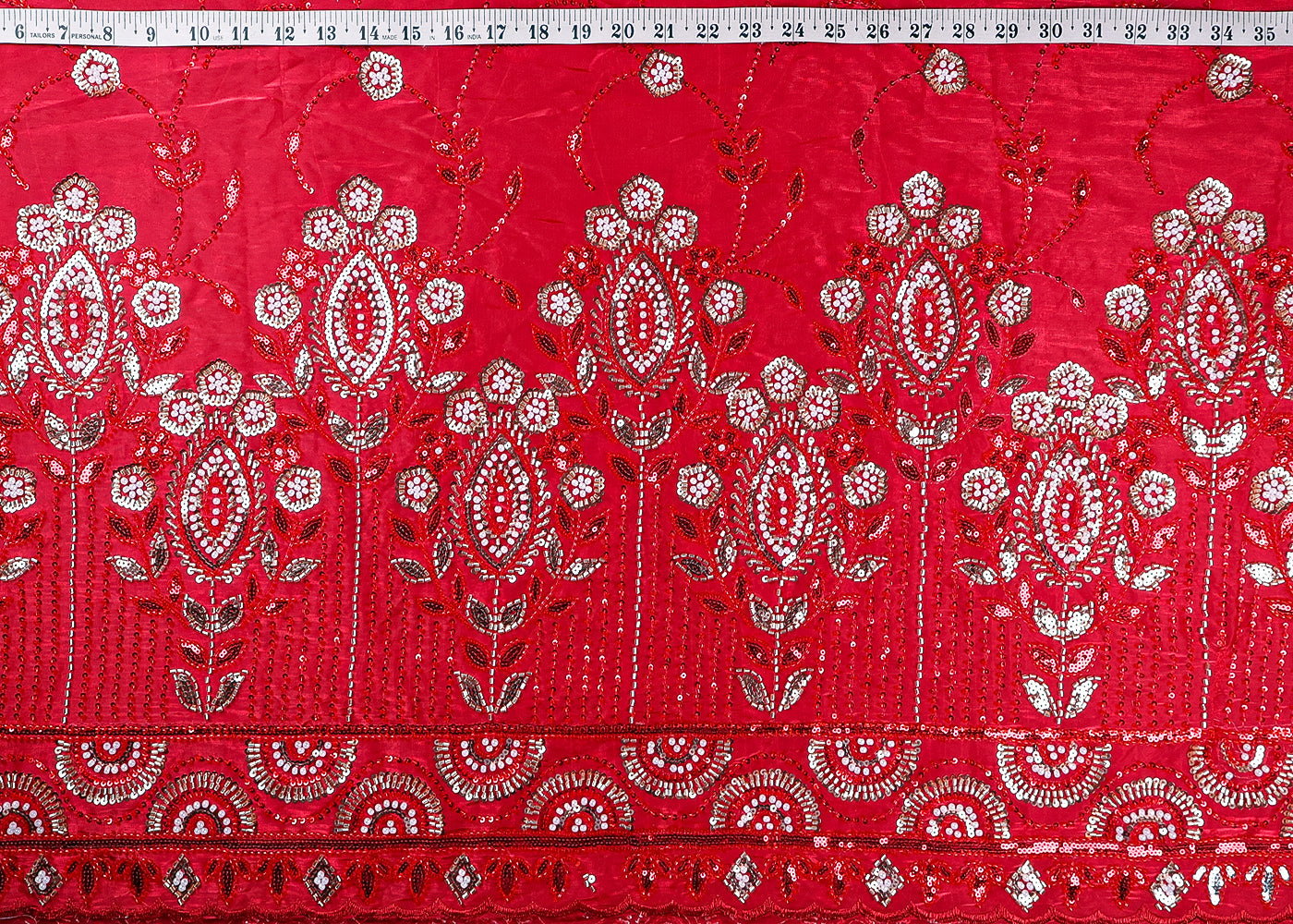 Red Organza Fabric With All Over Sequins And Bead Work With One Side Scalloped Border 19342