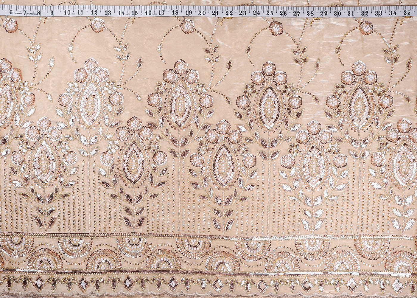 Gold Organza Fabric With All Over Sequins And Bead Work With One Side Scalloped Border 19343