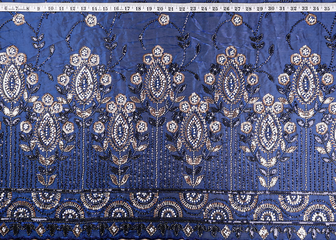 Peacock Blue Organza Fabric With All Over Sequins And Bead Work With One Side Scalloped Border 19344