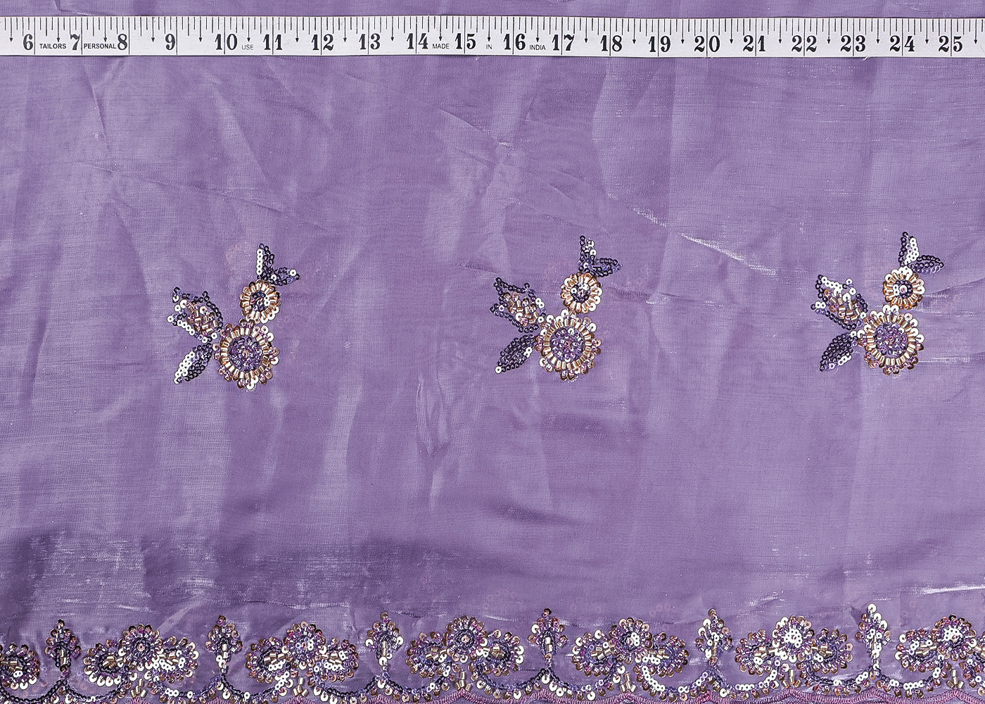 Lavender Organza Fabric With All Over Sequins And Bead Work With Two Side Scalloped Border 19345