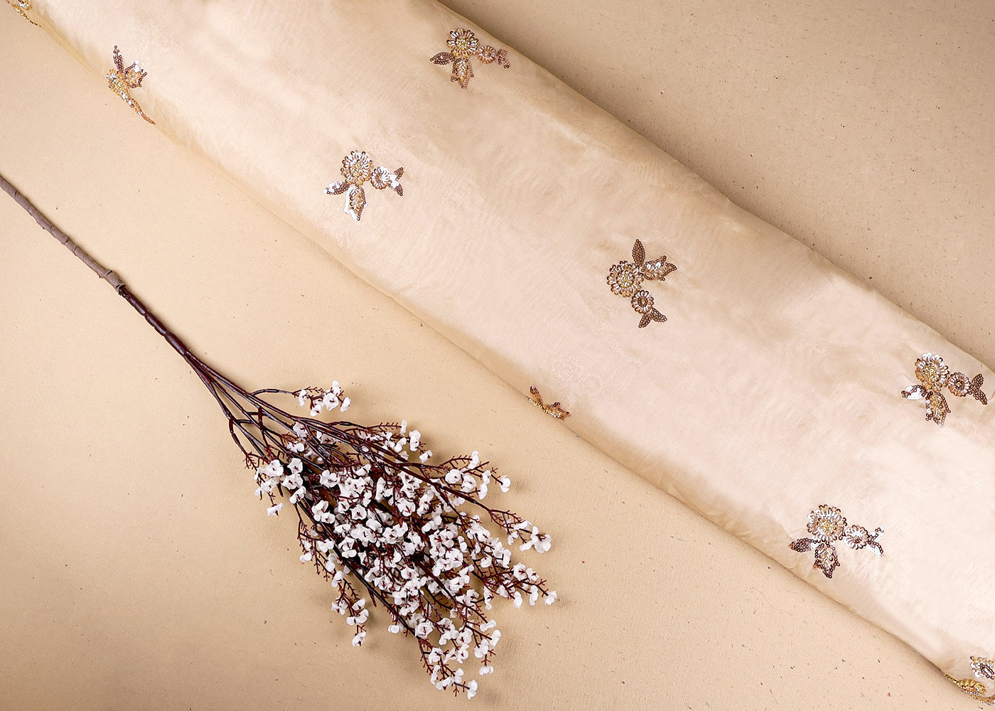 Golden Organza Satin Dupatta Fabric With All Over Sequins And Bead Work With Two Side Scalloped Border 19346