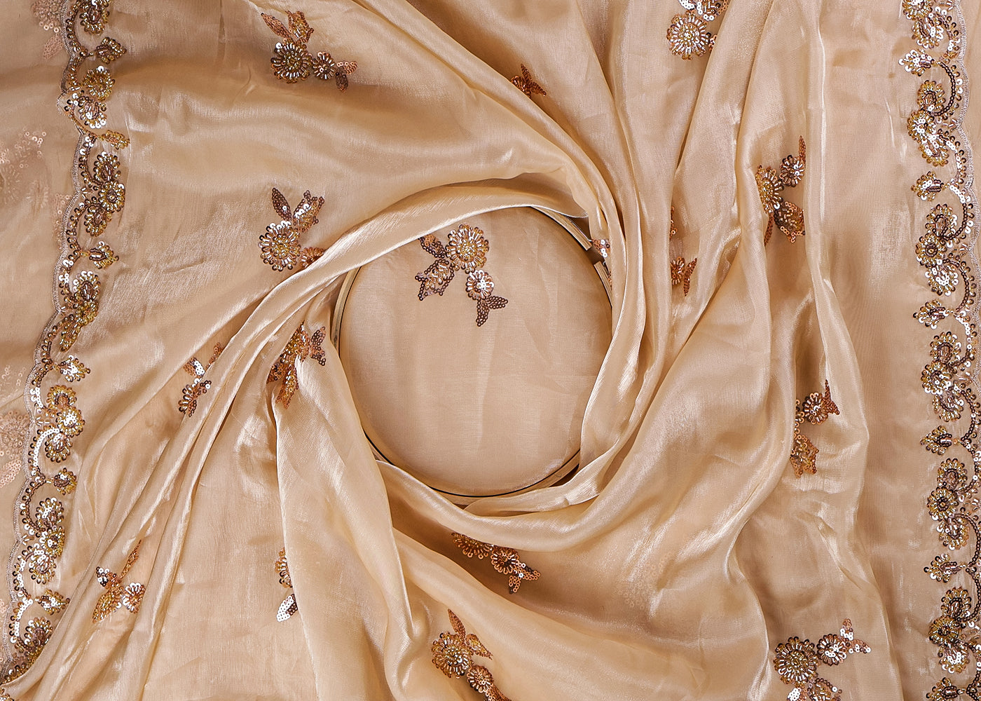 Golden Organza Satin Dupatta Fabric With All Over Sequins And Bead Work With Two Side Scalloped Border 19346