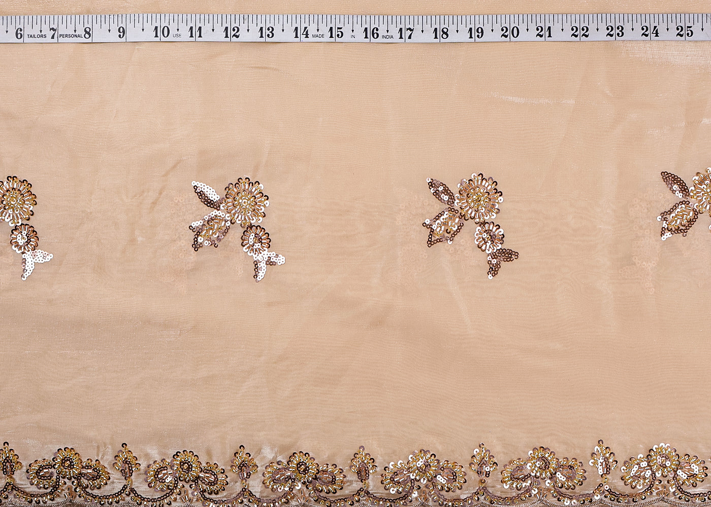 Golden Organza Satin Dupatta Fabric With All Over Sequins And Bead Work With Two Side Scalloped Border 19346