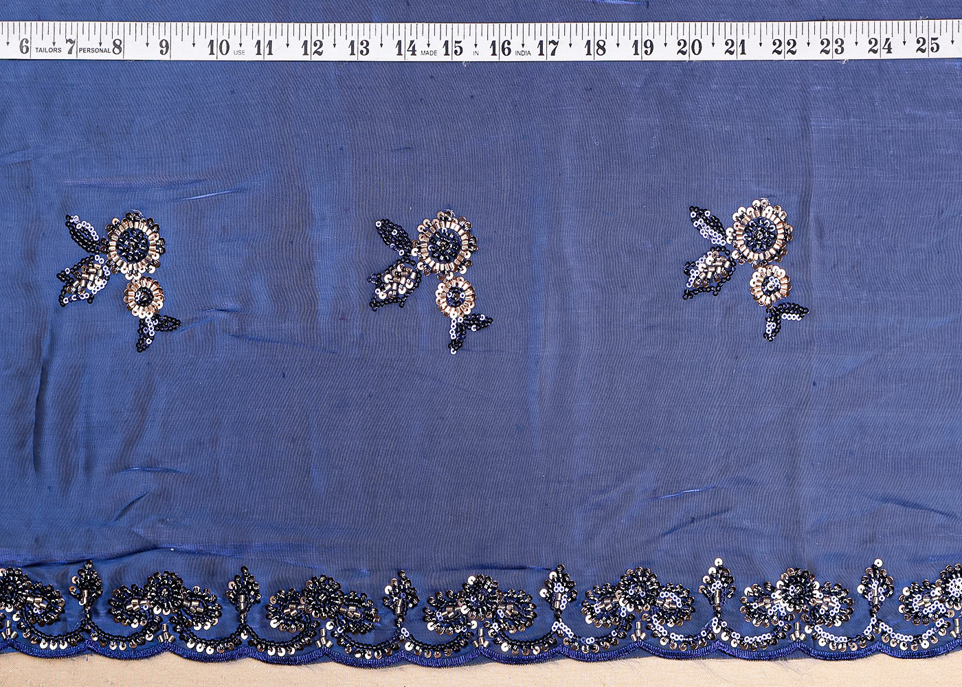 Peacock Blue Organza Fabric With All Over Sequins And Bead Work With Two Side Scalloped Border 19347