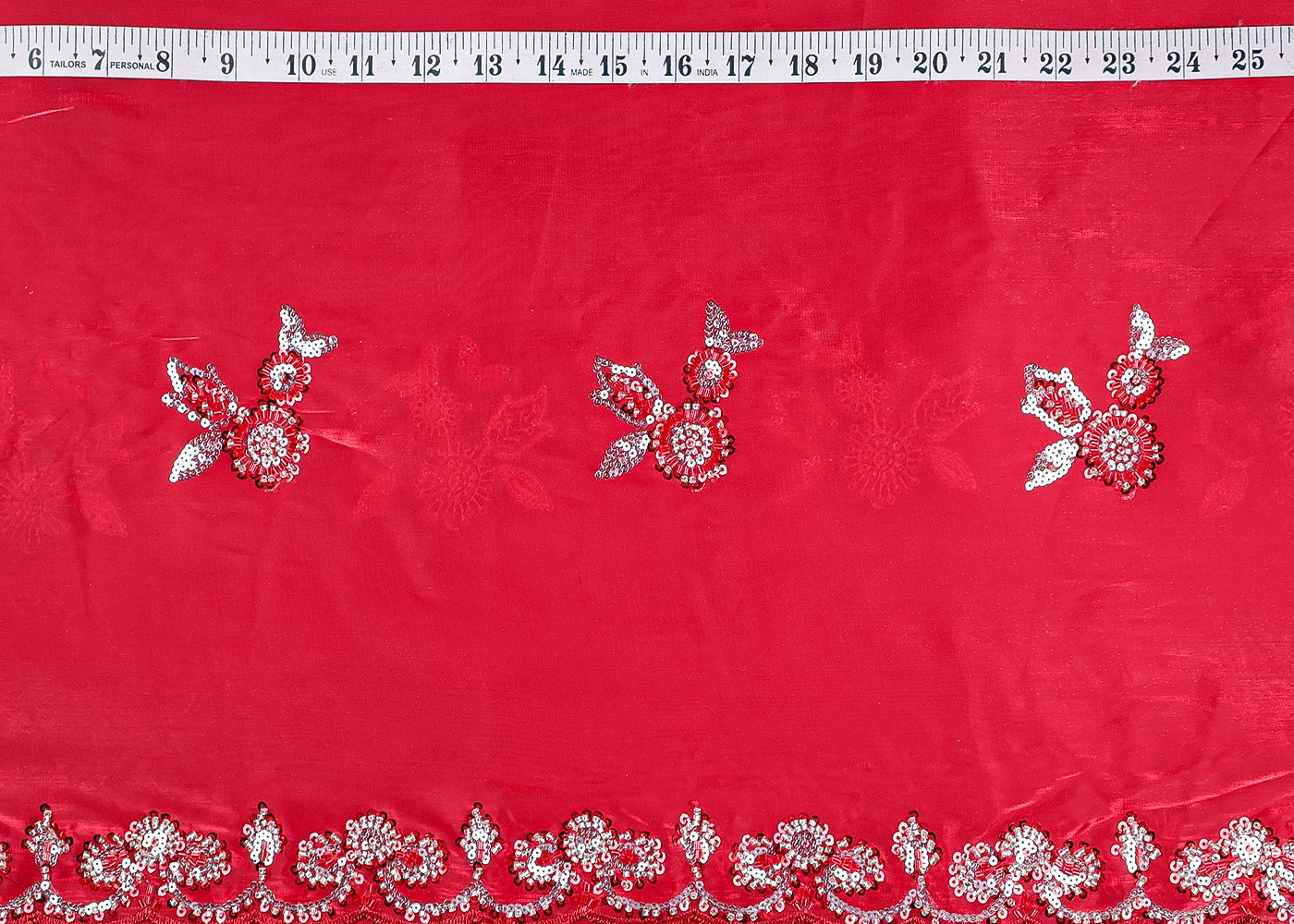 Red Organza Fabric With All Over Sequins And Bead Work With Two Side Scalloped Border 19348