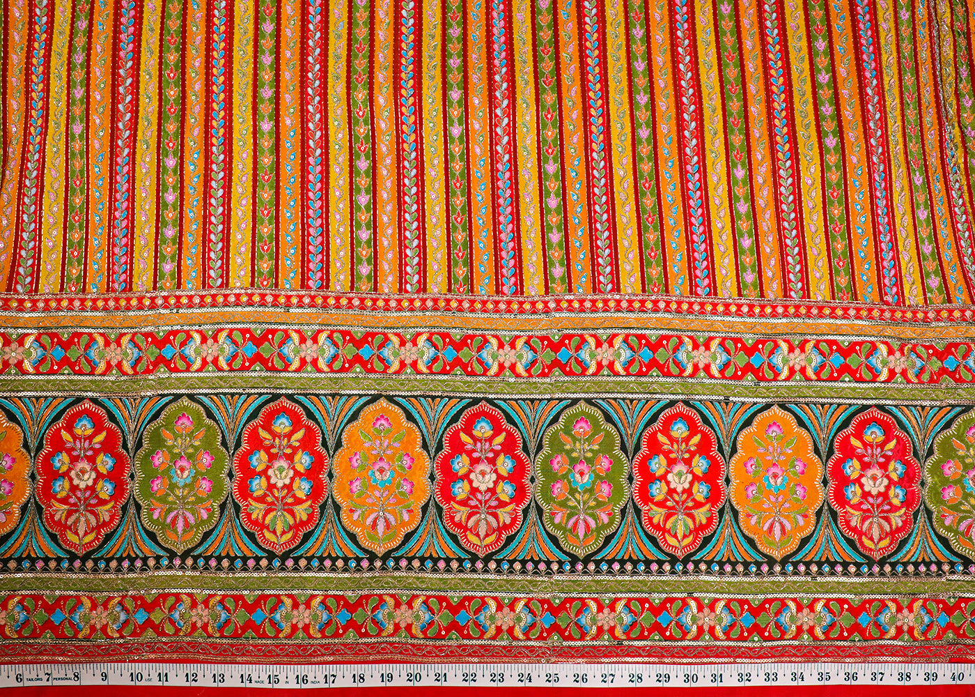 Red Crepe Fabric With All Over Traditional Print With Sequins And Zari Work With One Side Border 19349