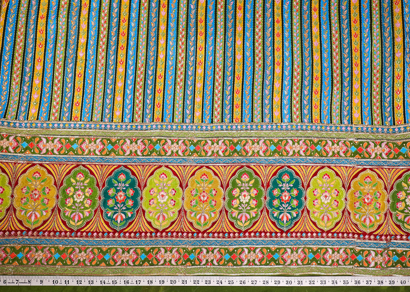 Mehendi Green Crepe Fabric With All Over Traditional Print With Sequins And Zari Work With One Side Border 19351