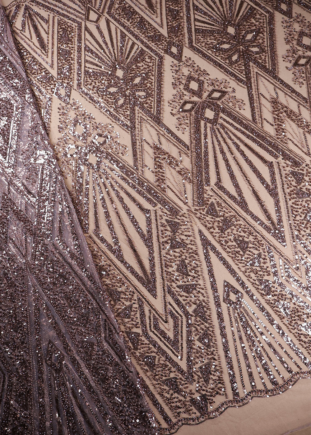 Brown Imported Net Fabric With All Over Bead And Sequins Work With Two Side Scalloped Border 19353