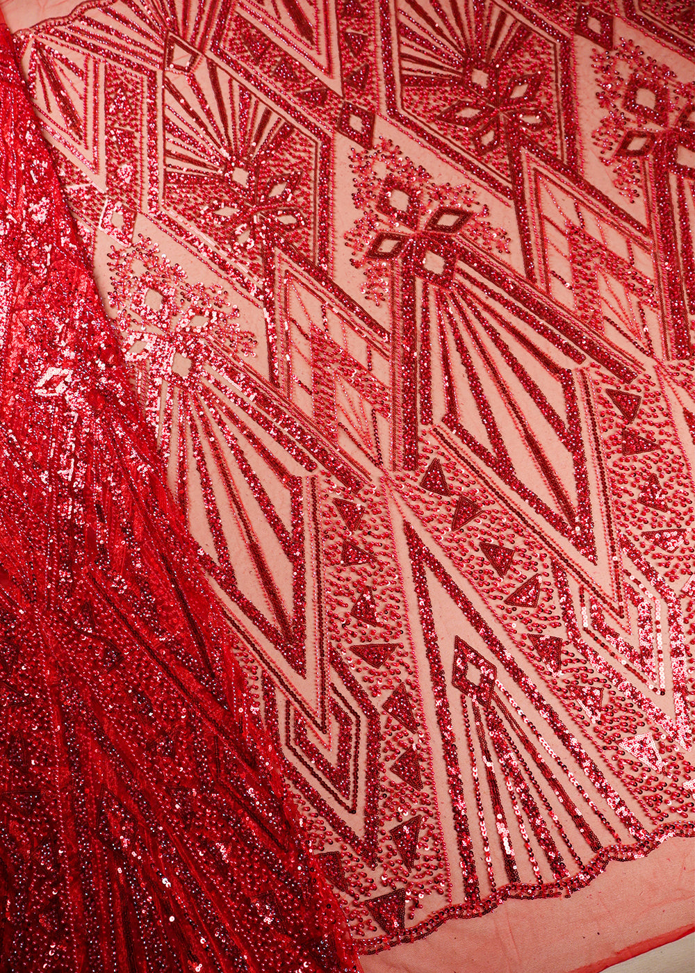 Red Imported Net Fabric With All Over Bead And Sequins Work With Two Side Scalloped Border 19354