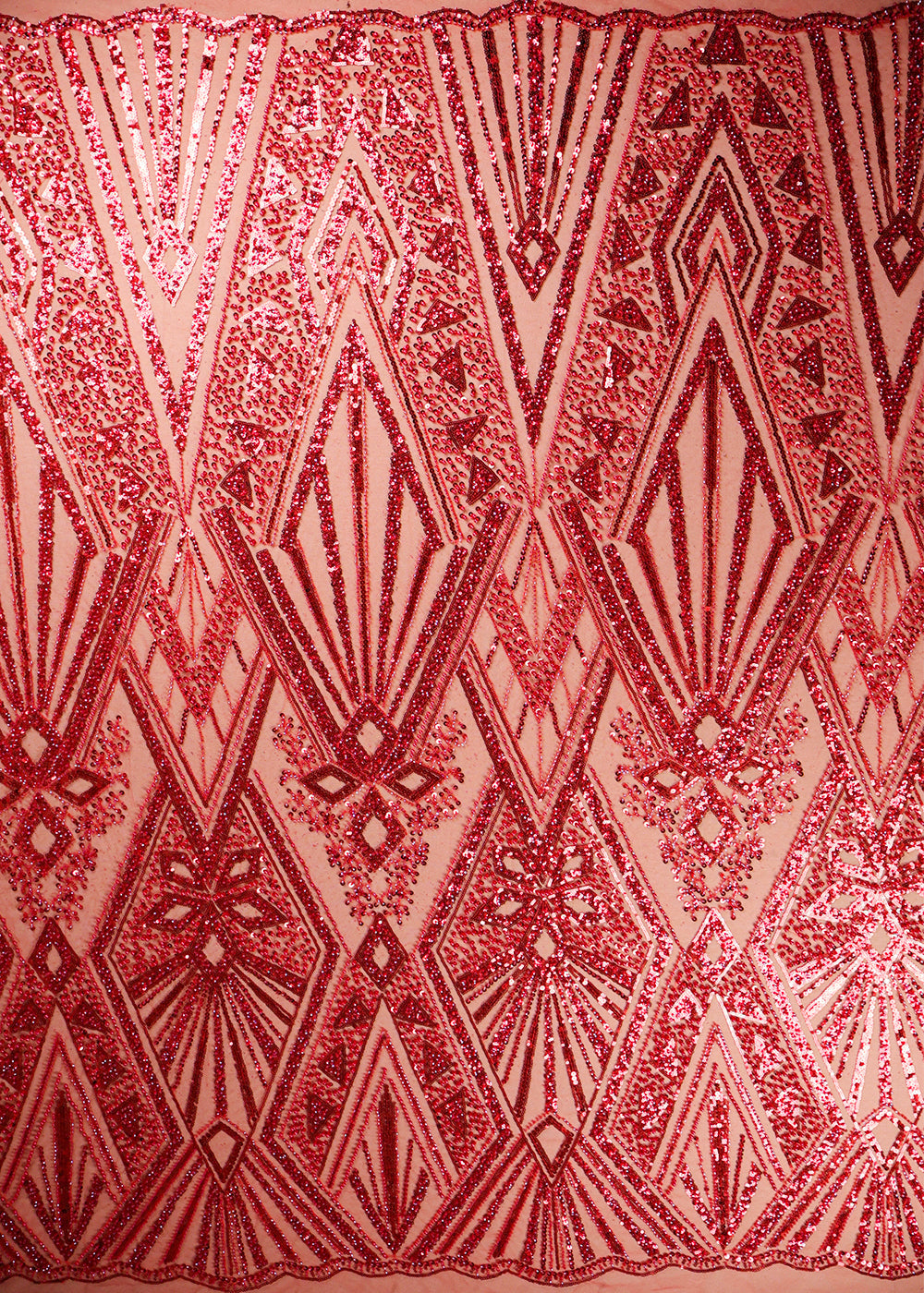 Red Imported Net Fabric With All Over Bead And Sequins Work With Two Side Scalloped Border 19354