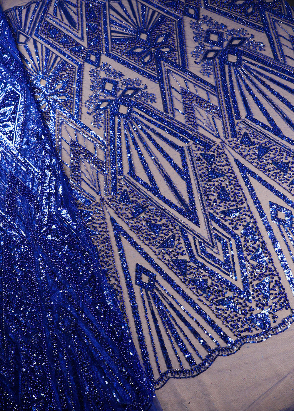 Royal Blue Imported Net Fabric With All Over Bead And Sequins Work With Two Side Scalloped Border 19355