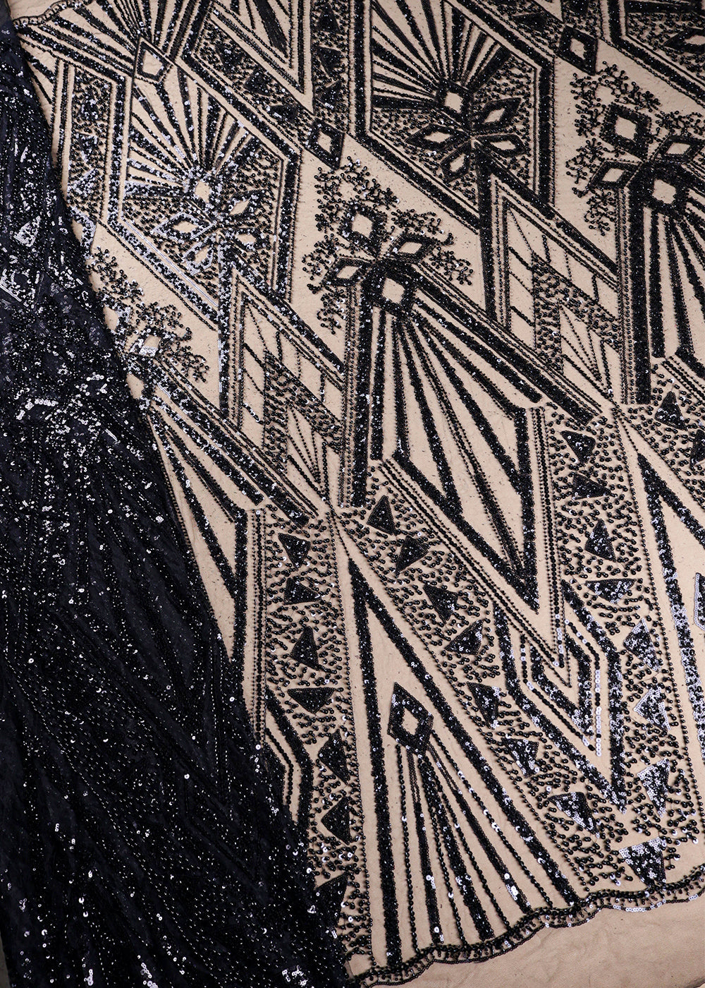 Black Imported Net Fabric With All Over Bead And Sequins Work With Two Side Scalloped Border 19356