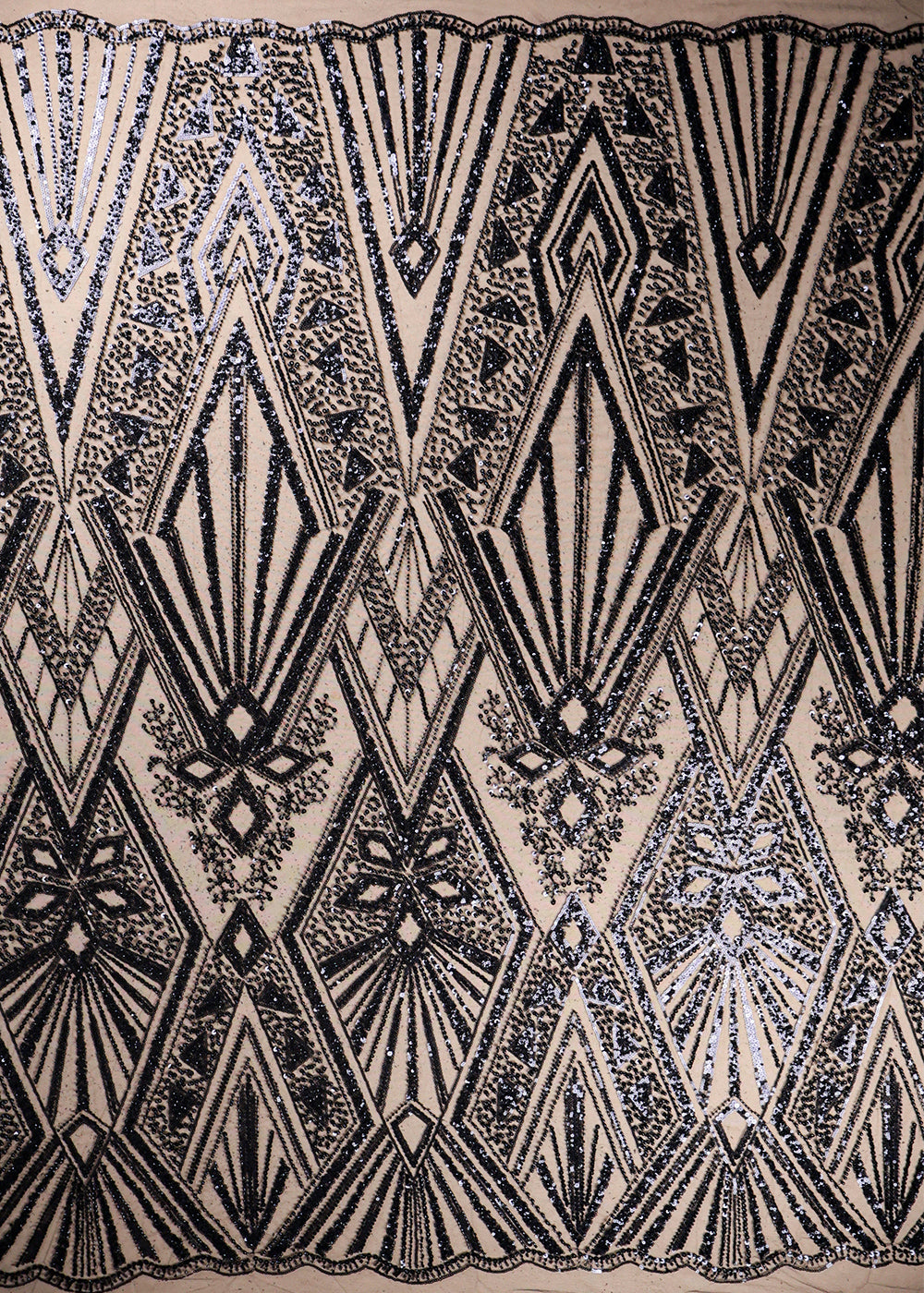 Black Imported Net Fabric With All Over Bead And Sequins Work With Two Side Scalloped Border 19356