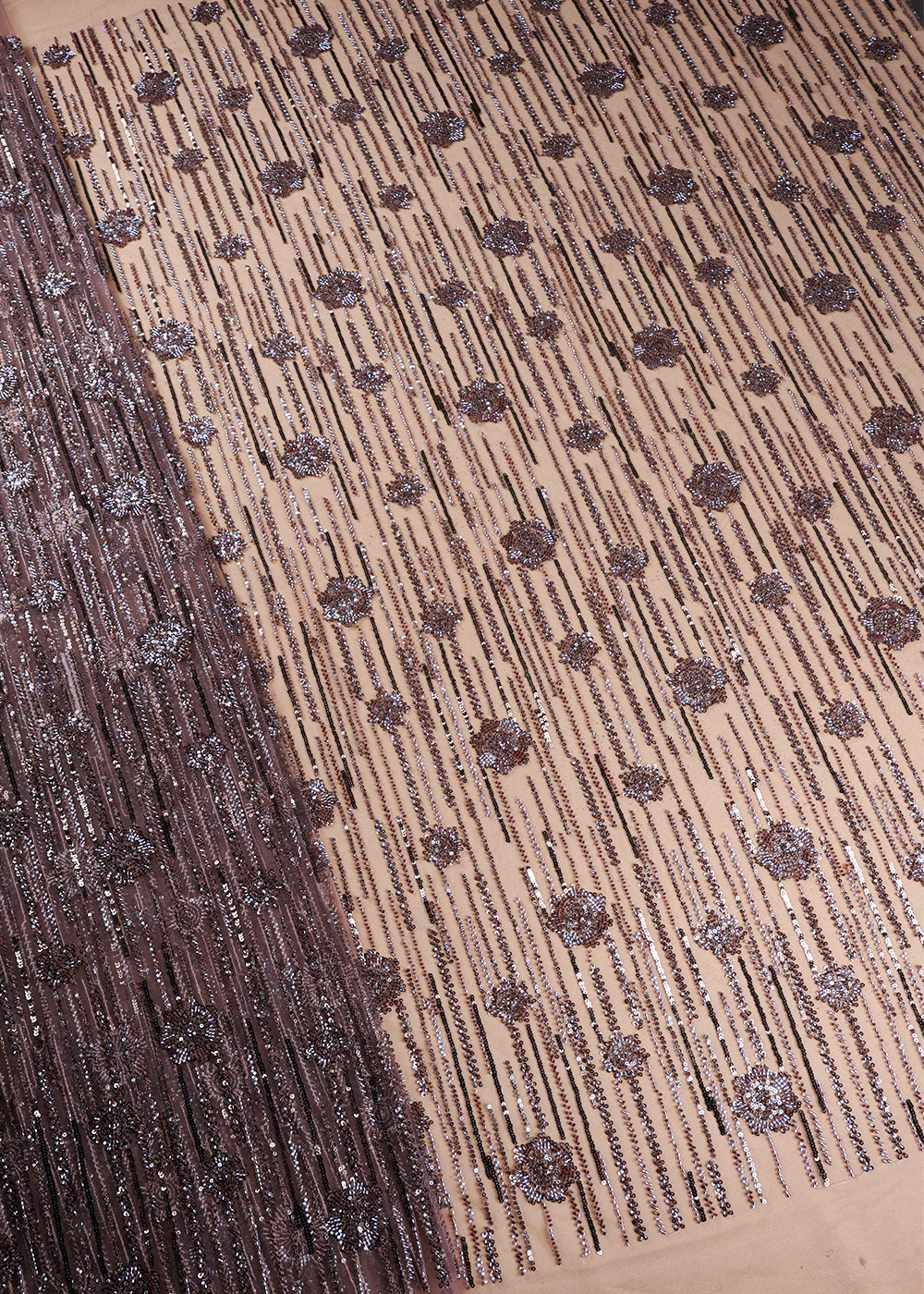 Brown Imported Net Fabric With All Over Bead And Sequins Work 19357