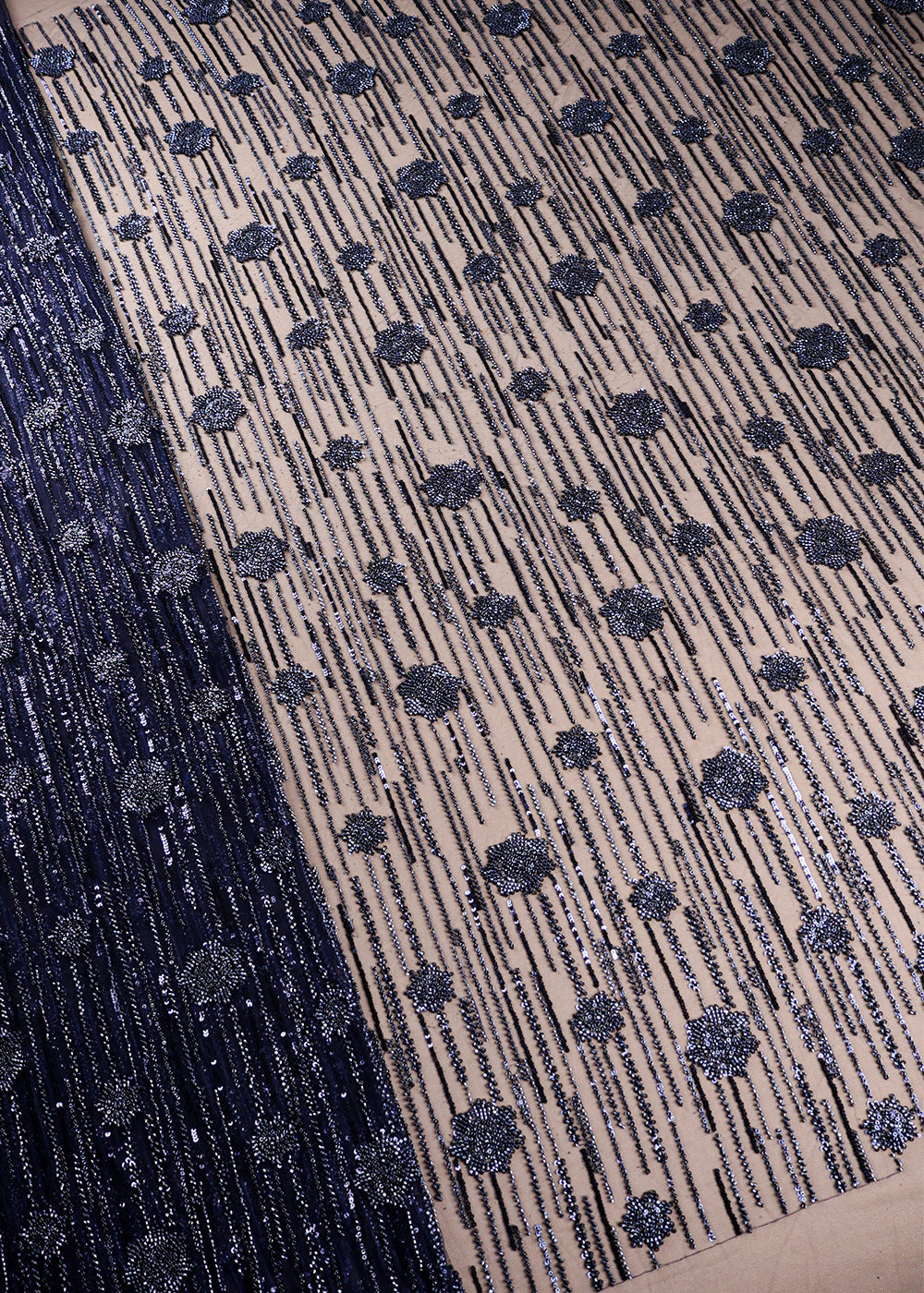 Navy Blue Imported Net Fabric With All Over Bead And Sequins Work 19360