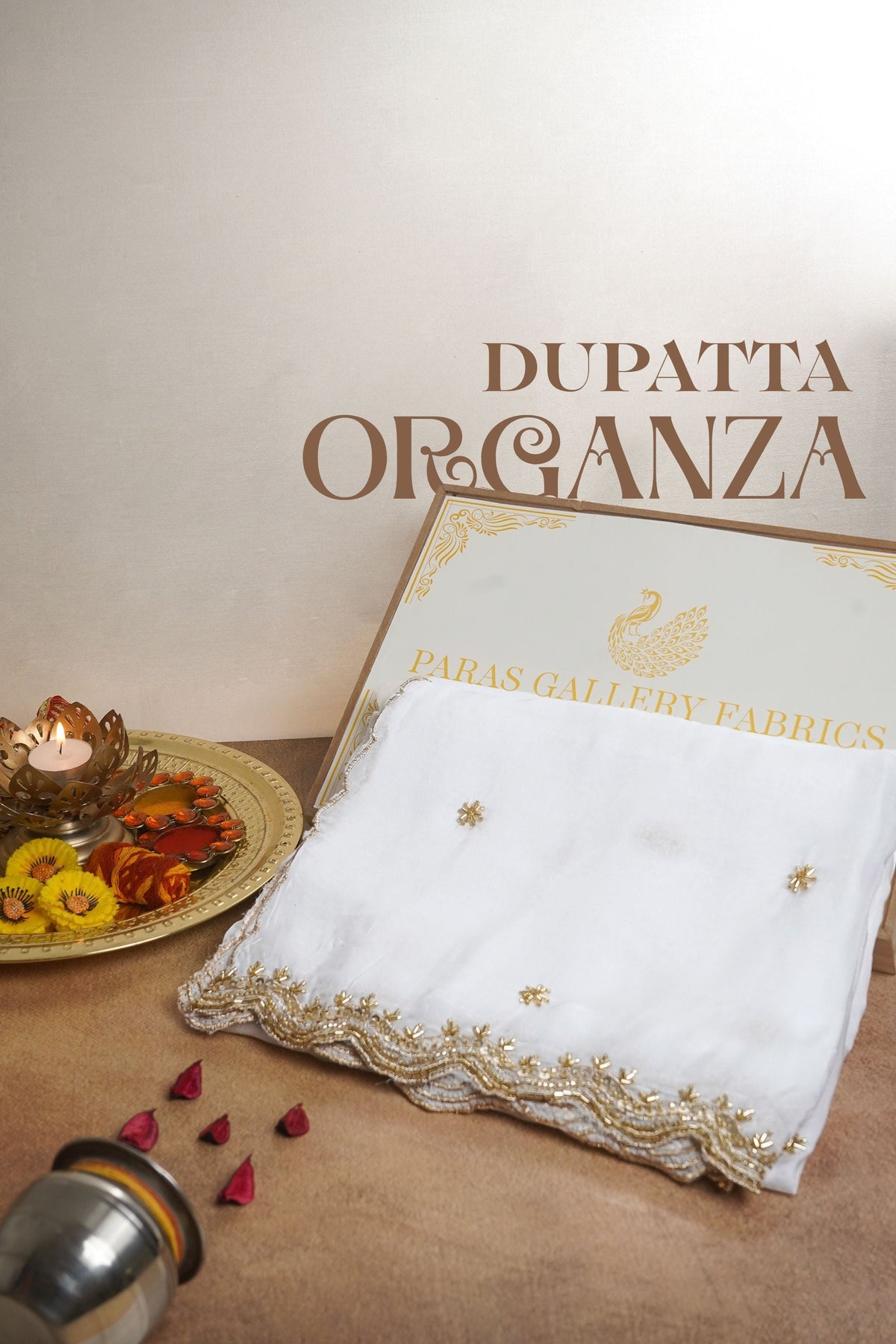 White Dyeable Organza Dupatta All Over Zari, Sequins And Katdana Work 19368