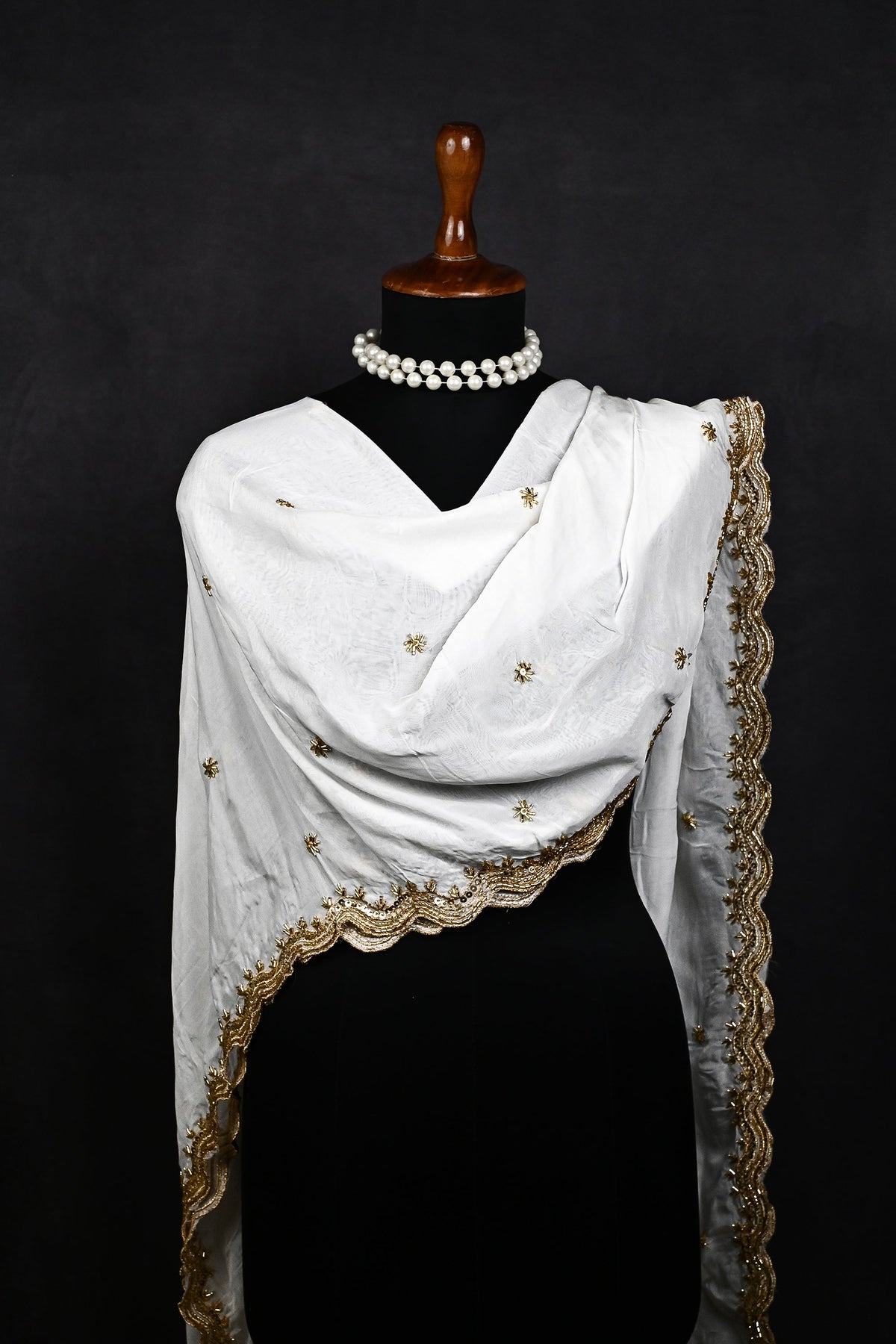 White Dyeable Organza Dupatta All Over Zari, Sequins And Katdana Work 19368