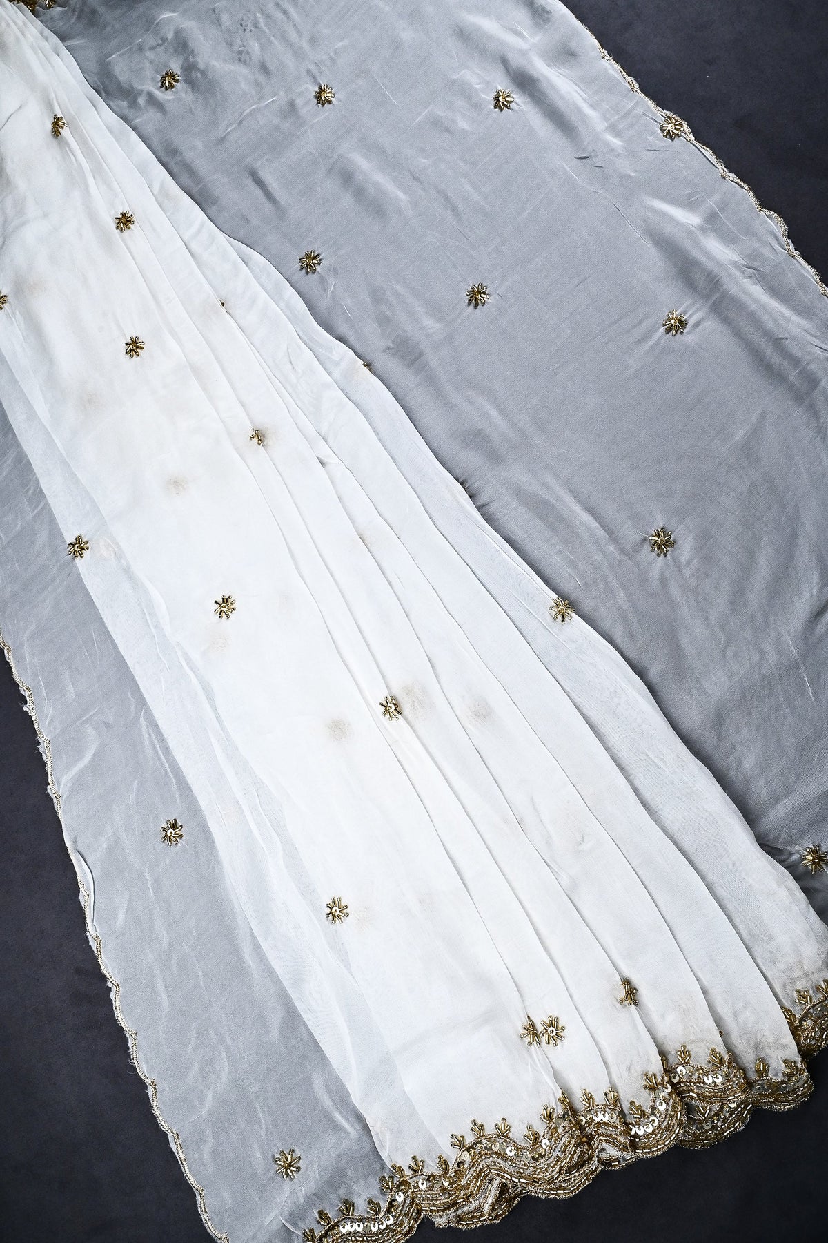 White Dyeable Organza Dupatta All Over Zari, Sequins And Katdana Work 19368