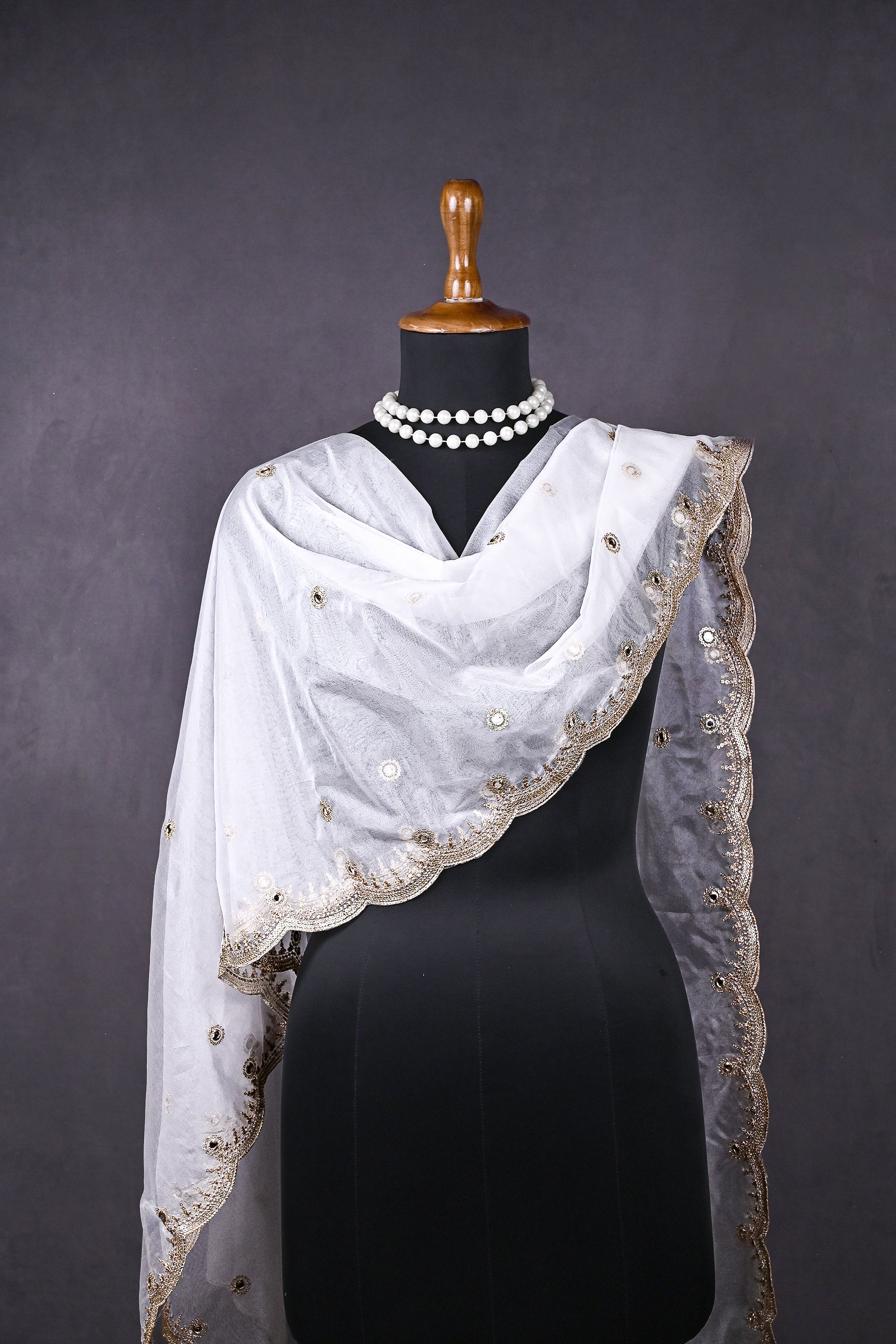 White Dyeable Organza Dupatta All Over Zari, Sequins And Faux Mirror Work 19370