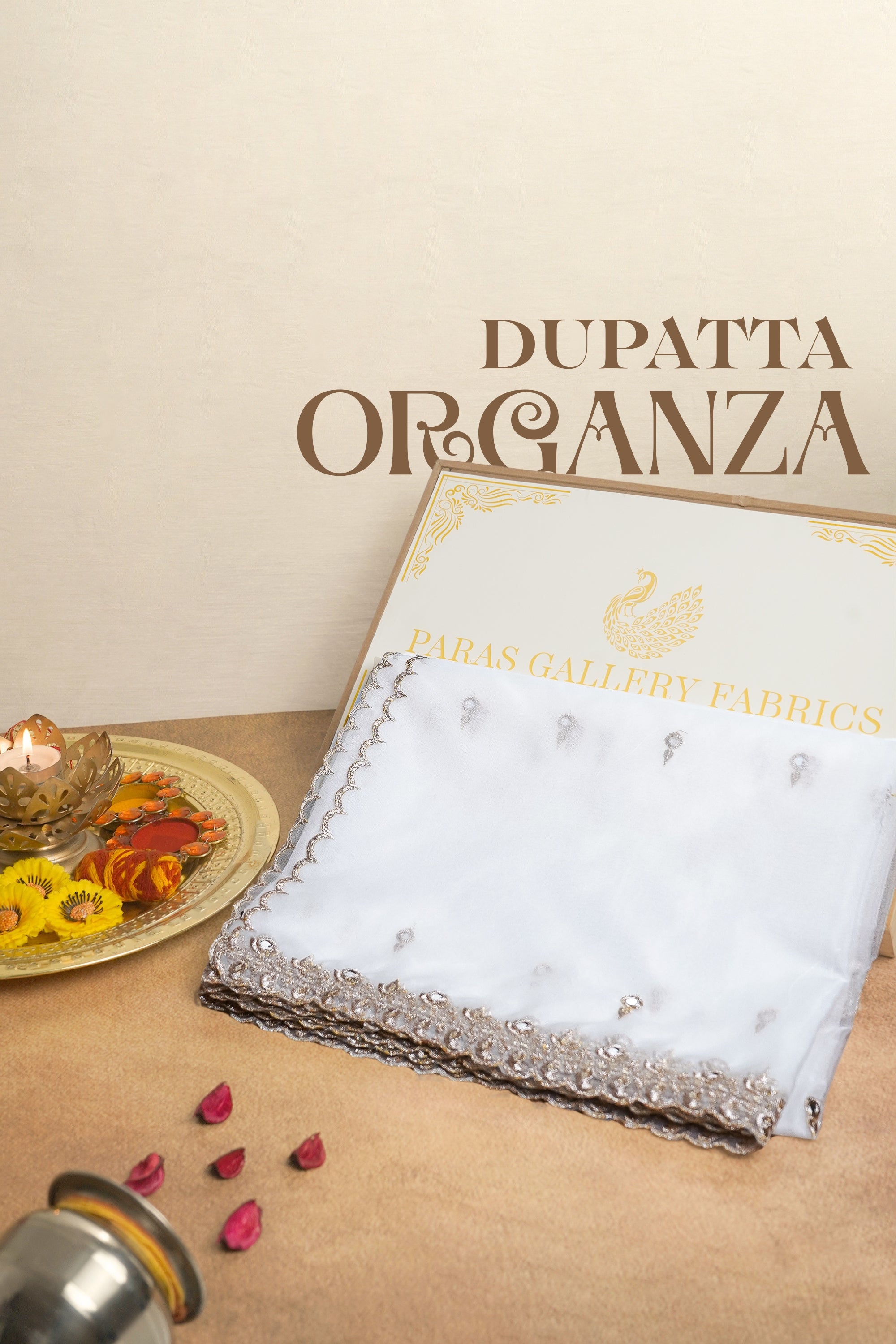White Dyeable Organza Dupatta All Over Zari, Sequins And Faux Mirror Work 19371
