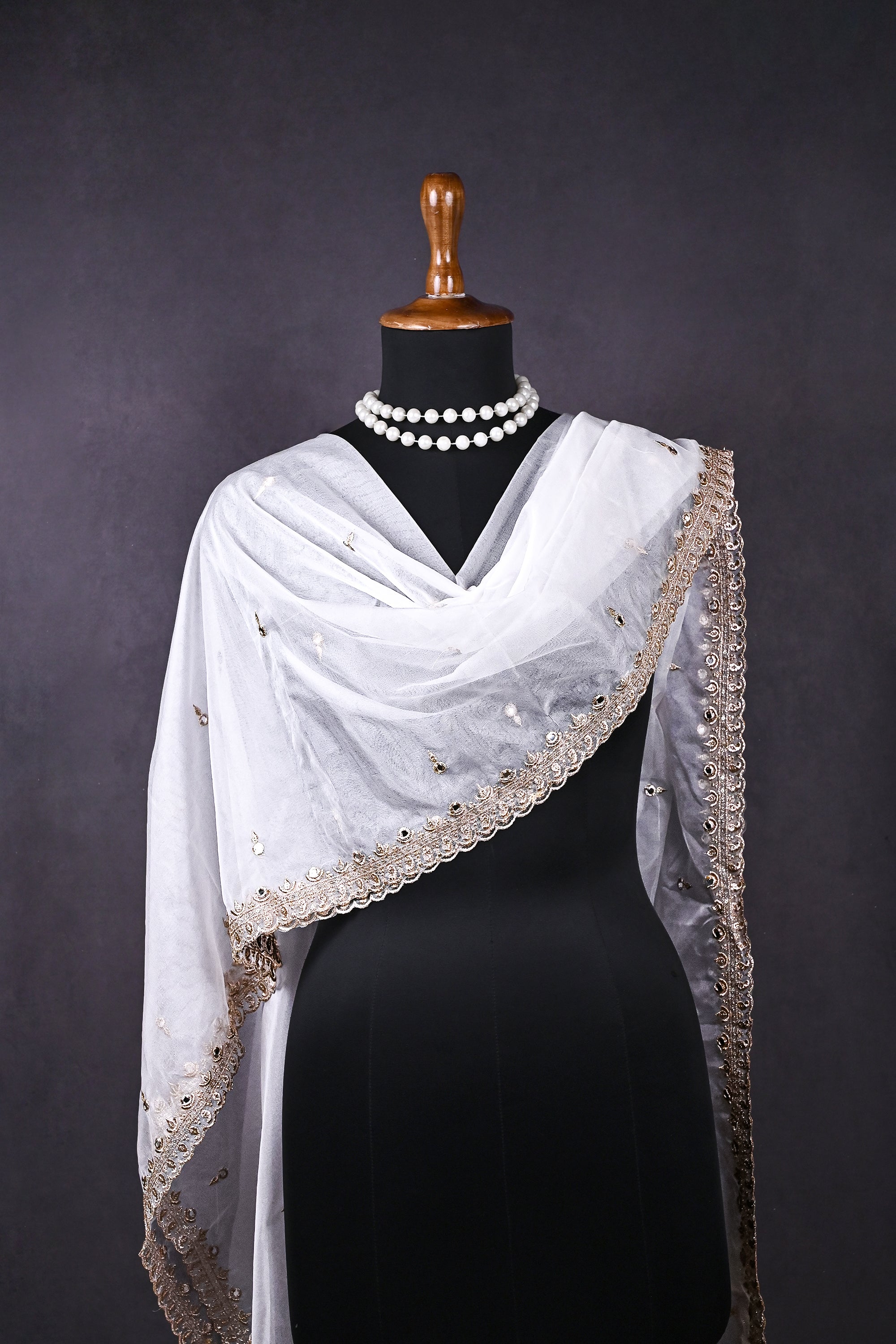 White Dyeable Organza Dupatta All Over Zari, Sequins And Faux Mirror Work 19371