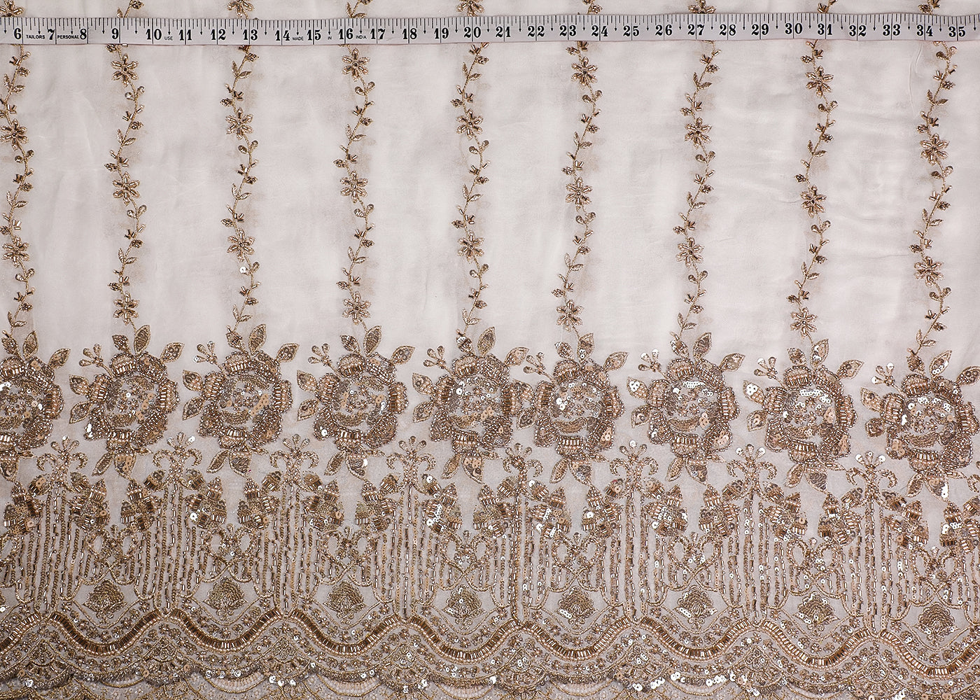 White Georgette Fabric With All Over Katdana, Sequins, Bead And Zari Work With One Side Border 19383