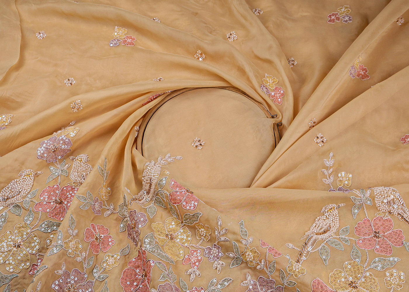 Pastel Yellow Organza Fabric With All Over Thread, Sequins And Katdana Work With One Side Scalloped Border 19385