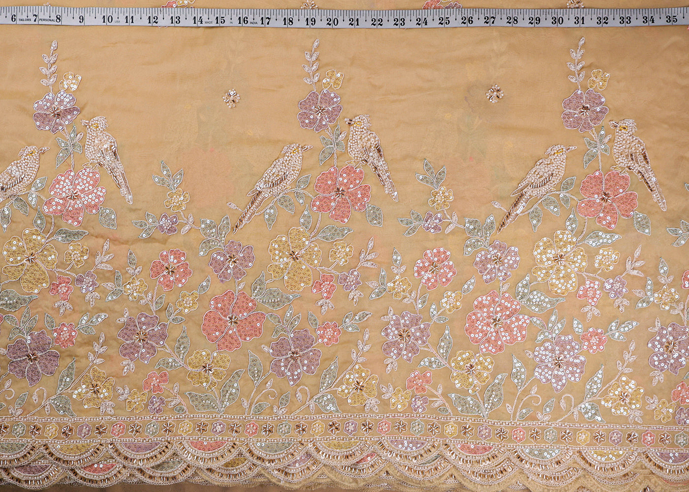 Pastel Yellow Organza Fabric With All Over Thread, Sequins And Katdana Work With One Side Scalloped Border 19385