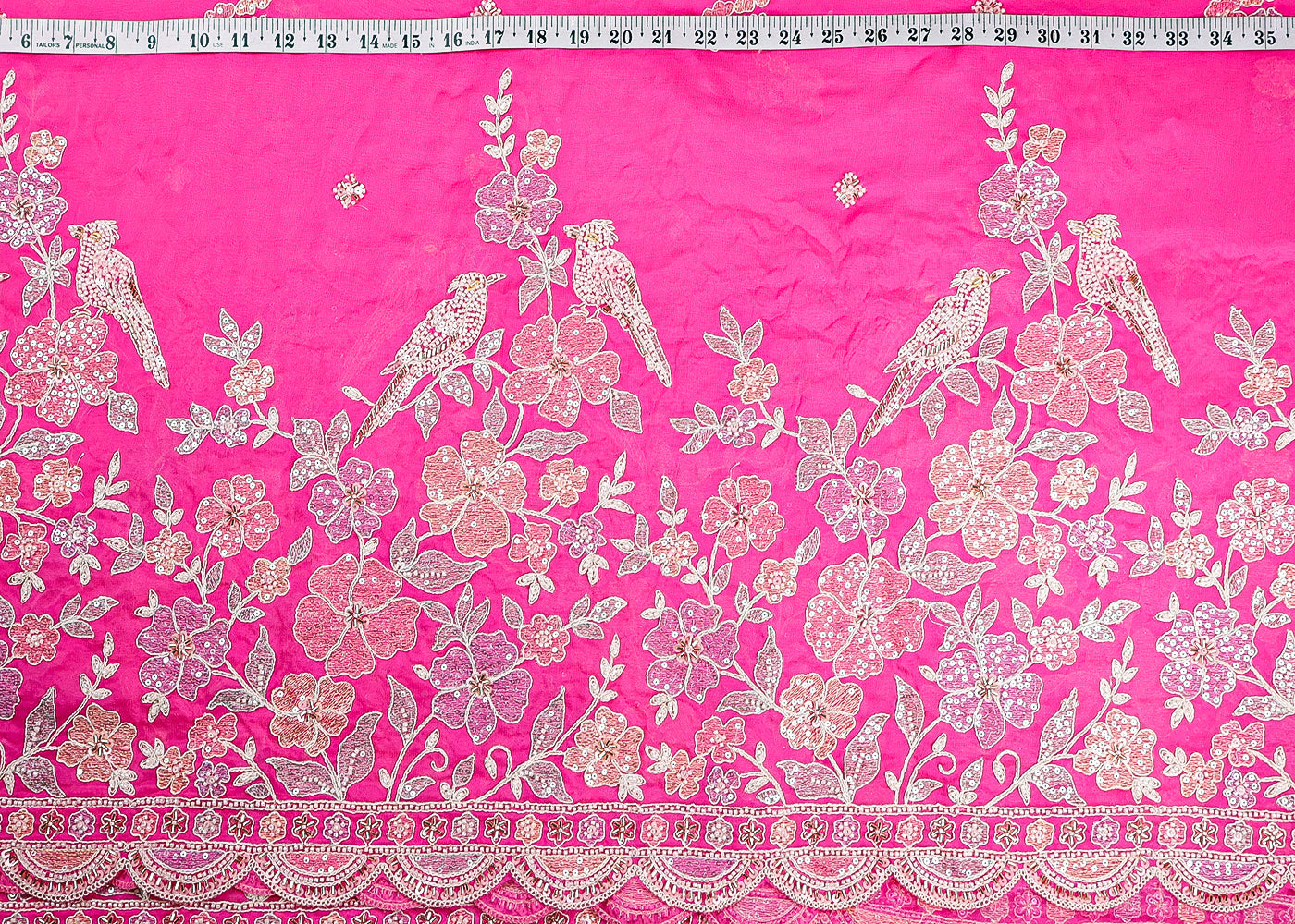 Pink Organza Fabric With All Over Thread, Sequins And Katdana Work With One Side Scalloped Border 19386