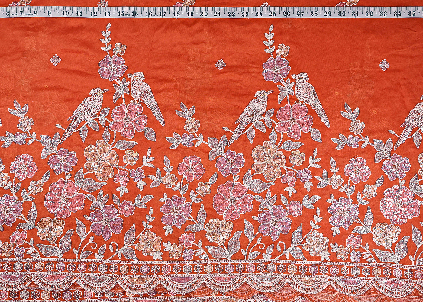 Rust Orange Organza Fabric With All Over Thread, Sequins And Katdana Work With One Side Scalloped Border 19387