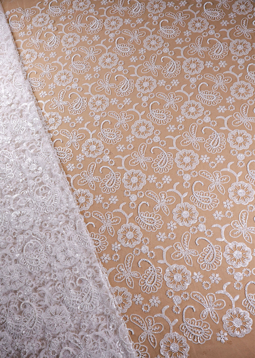 White Imported Net Fabric With All Over Sequins And Bead Work 19388