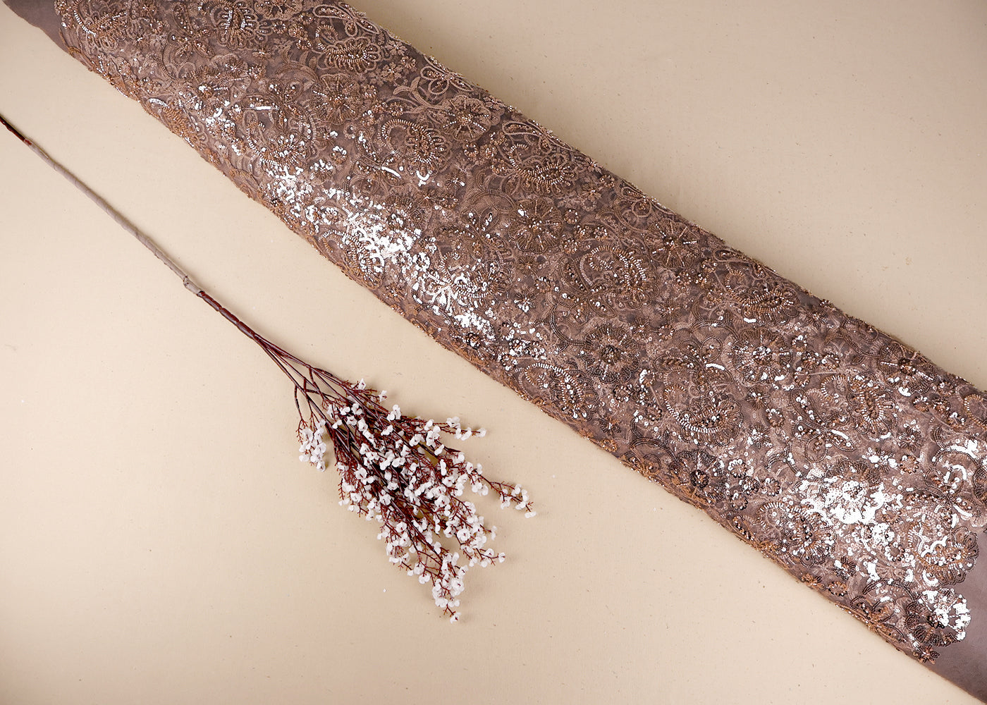 Golden Imported Net Fabric With All Over Sequins And Bead Work 19389
