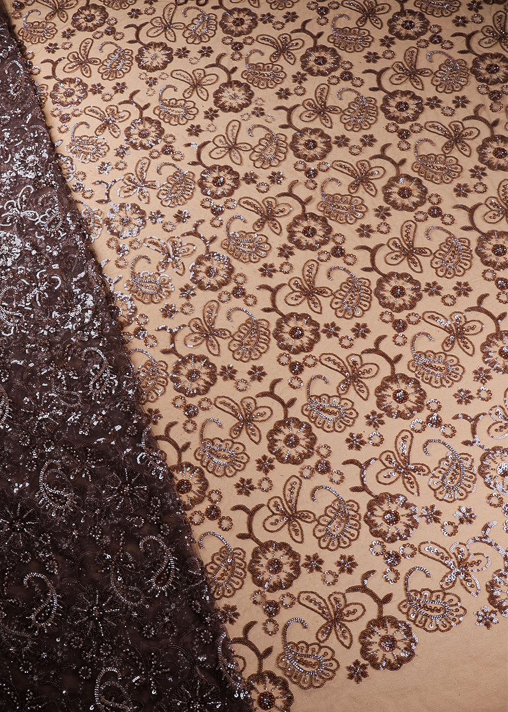 Brown Imported Net Fabric With All Over Sequins And Bead Work 19390