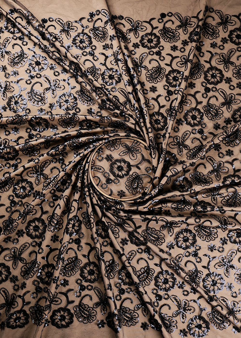 Black Imported Net Fabric With All Over Sequins And Bead Work 19391
