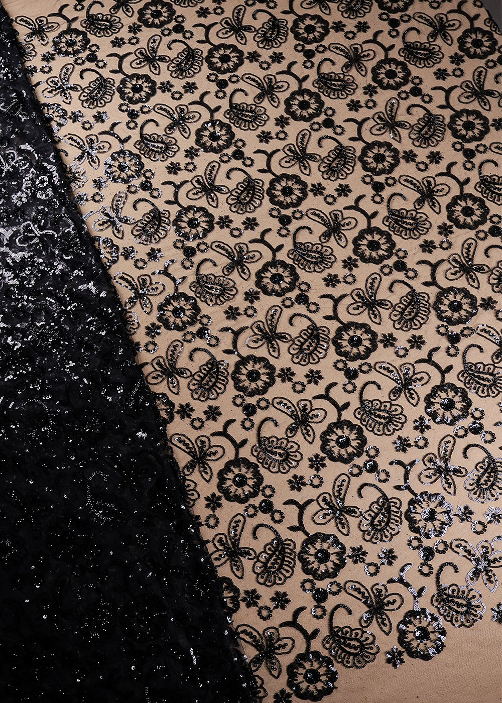 Black Imported Net Fabric With All Over Sequins And Bead Work 19391