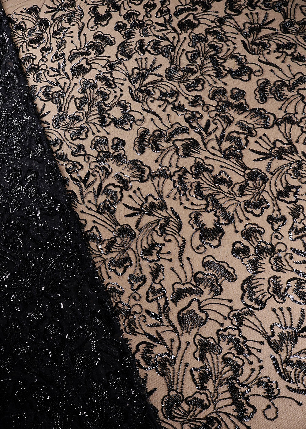 Black Imported Net Fabric With All Over Sequins And Bead Work 19395