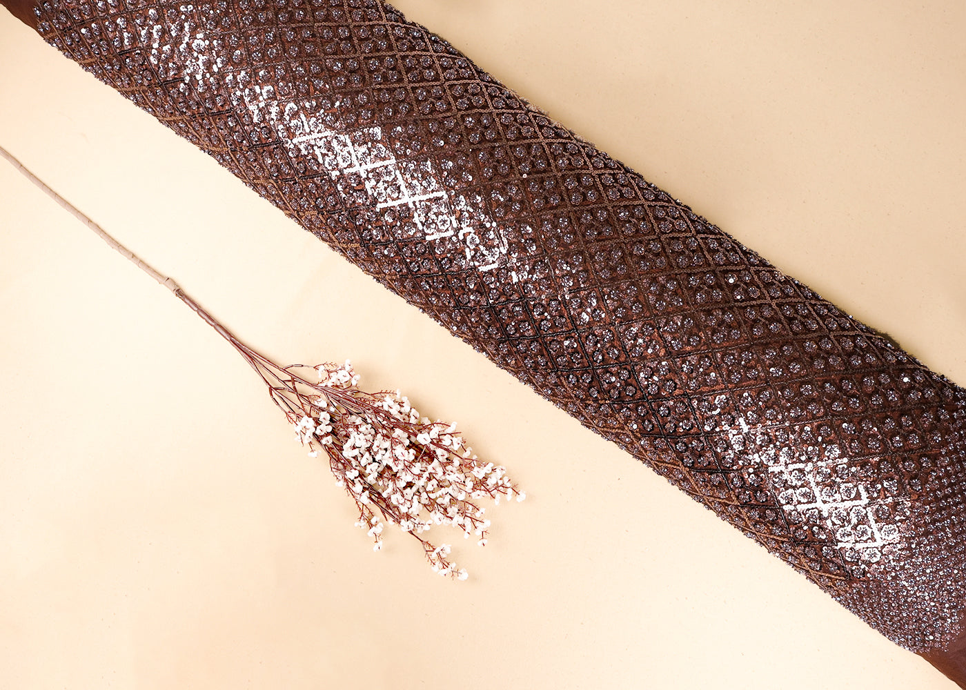 Brown Imported Net Fabric With All Over Sequins And Bead Work 19397