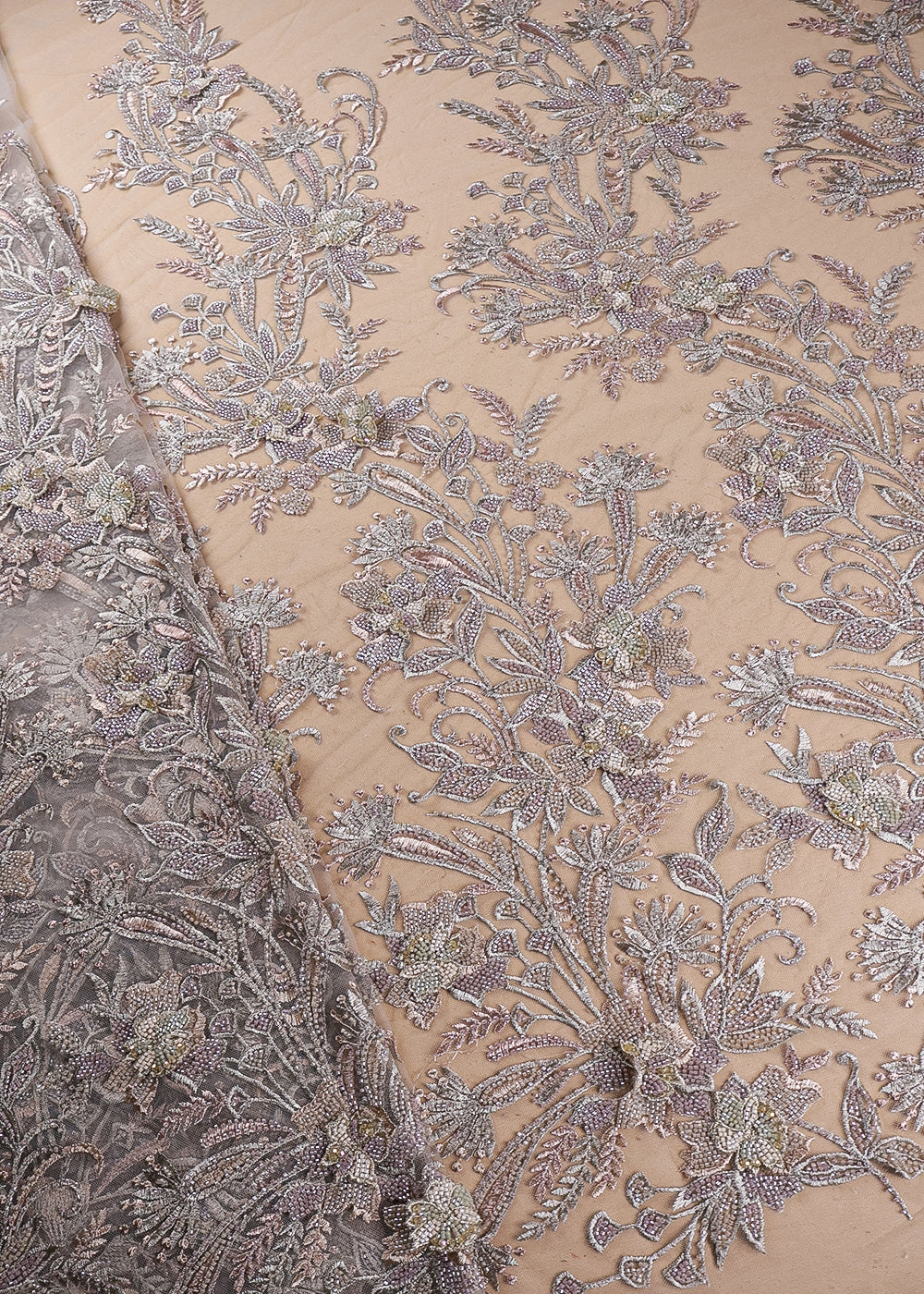 Grey Imported Net Fabric With All Over Applique, Thread And Bead Work 19401