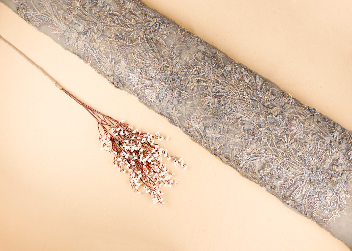 Cream Imported Net Fabric With All Over Applique, Thread And Bead Work 19402