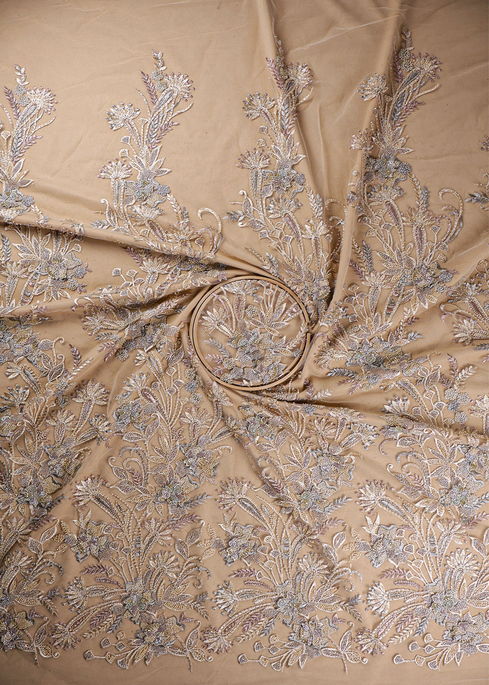 Cream Imported Net Fabric With All Over Applique, Thread And Bead Work 19402