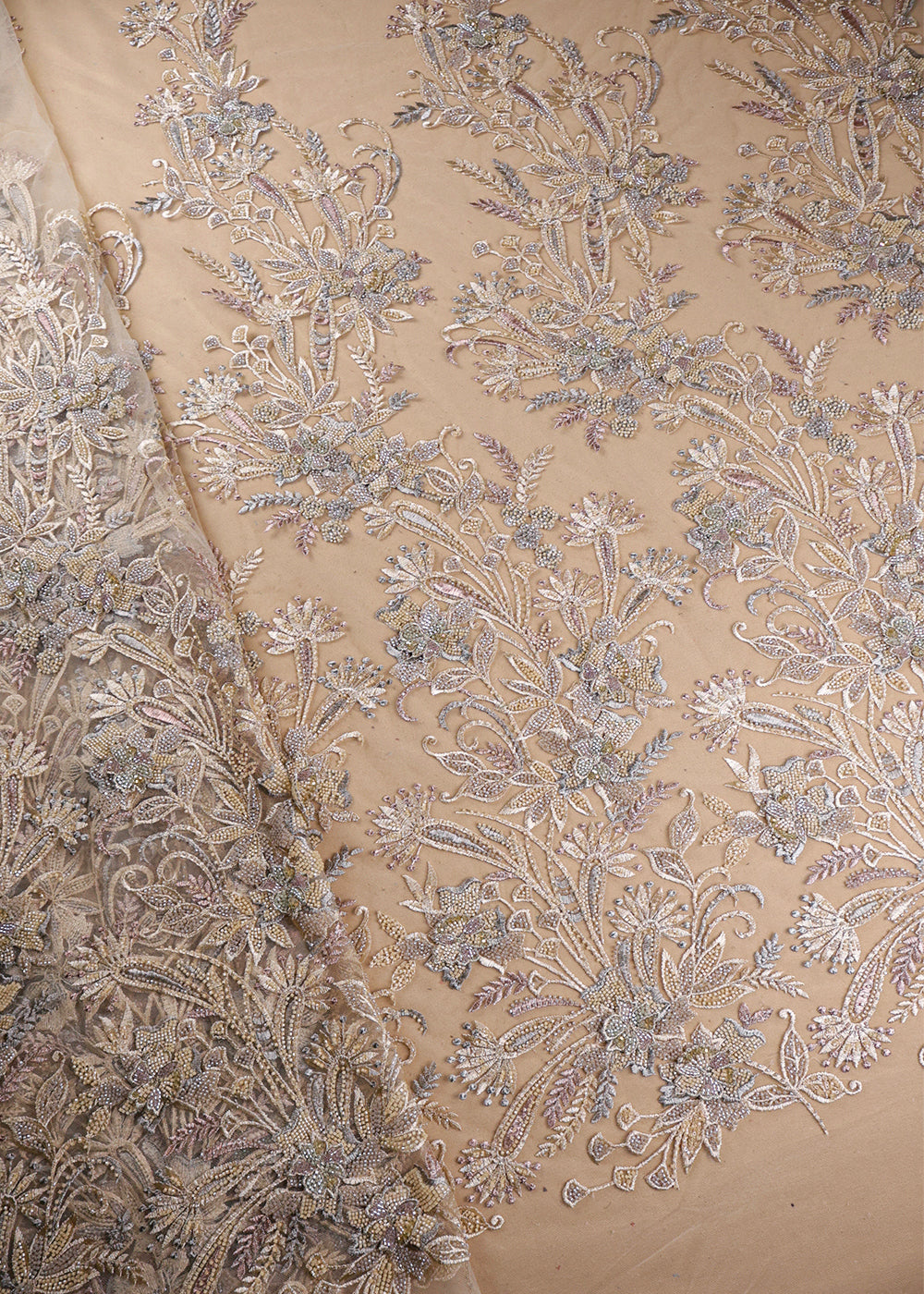 Cream Imported Net Fabric With All Over Applique, Thread And Bead Work 19402