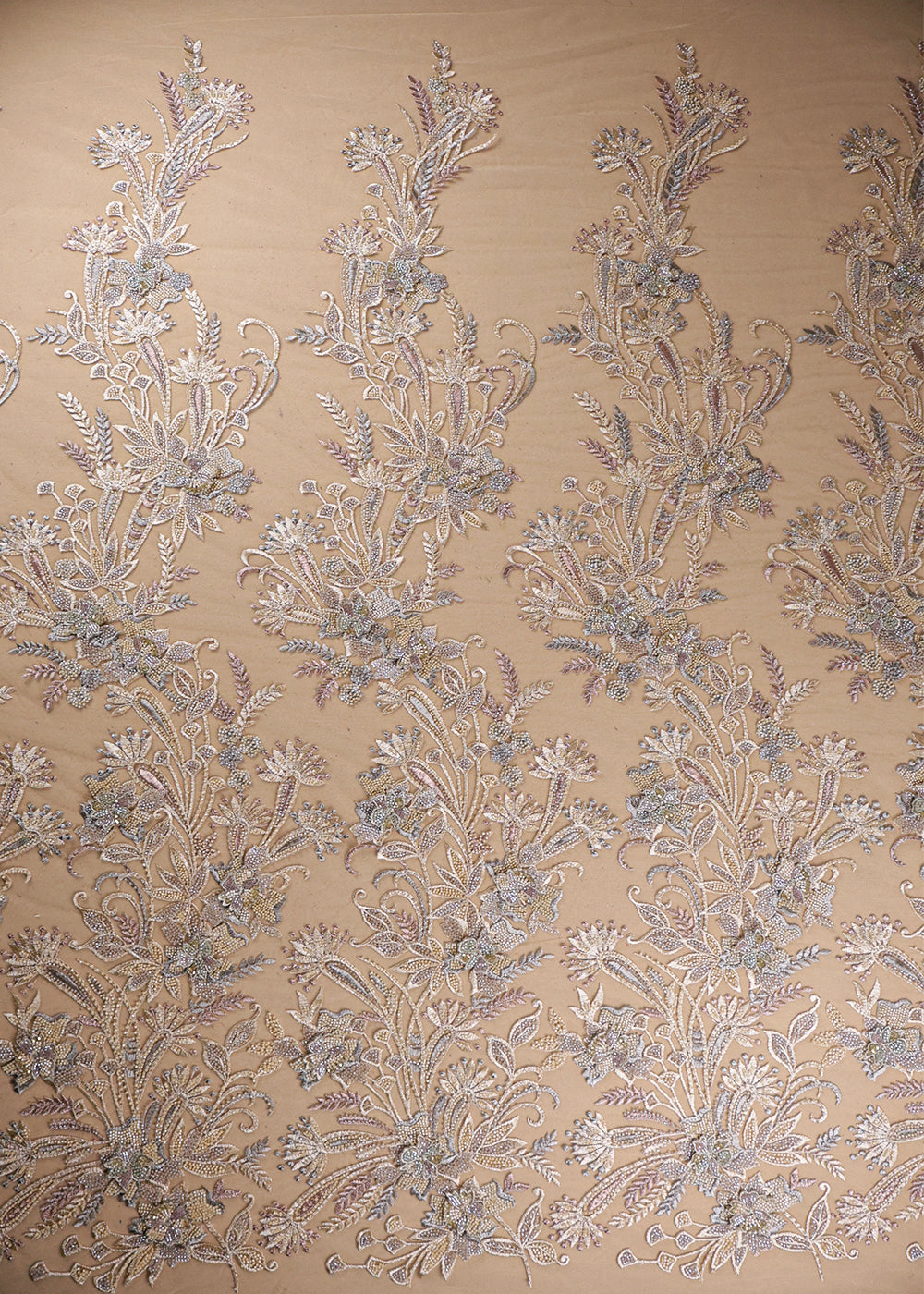 Cream Imported Net Fabric With All Over Applique, Thread And Bead Work 19402