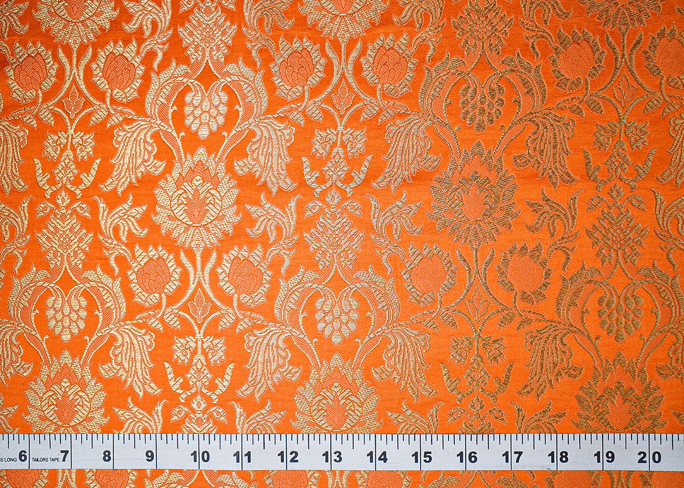 Orange Banarasi Brocade Fabric With All Over Thread And Golden Zari Handloom 19502