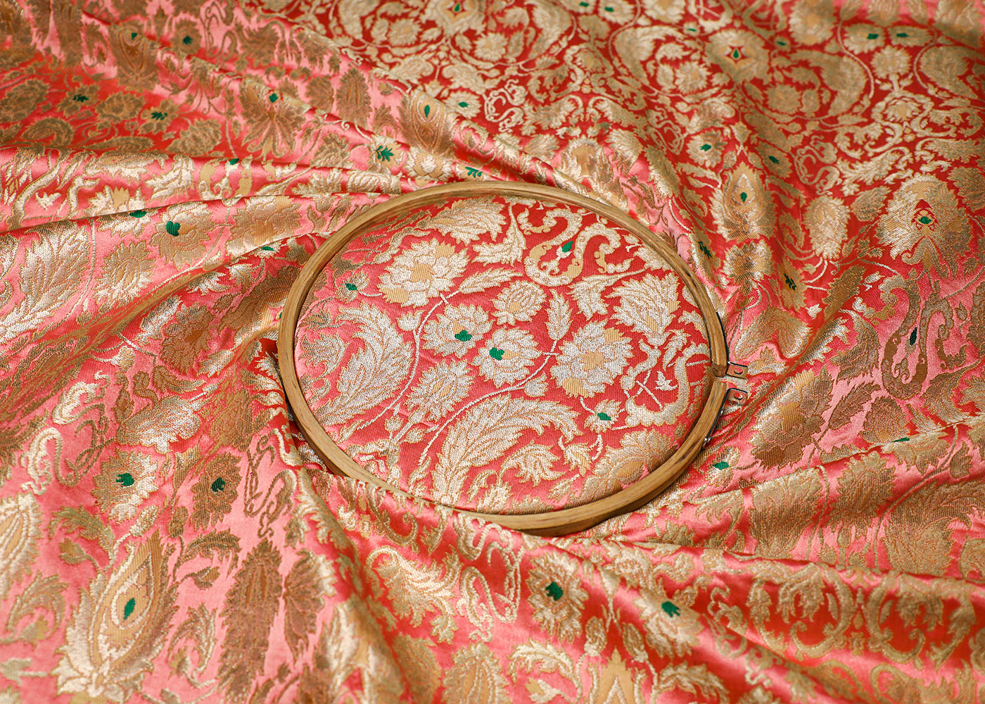 Peach Banarasi Brocade Fabric With All Over Thread And Golden Zari Handloom 19407