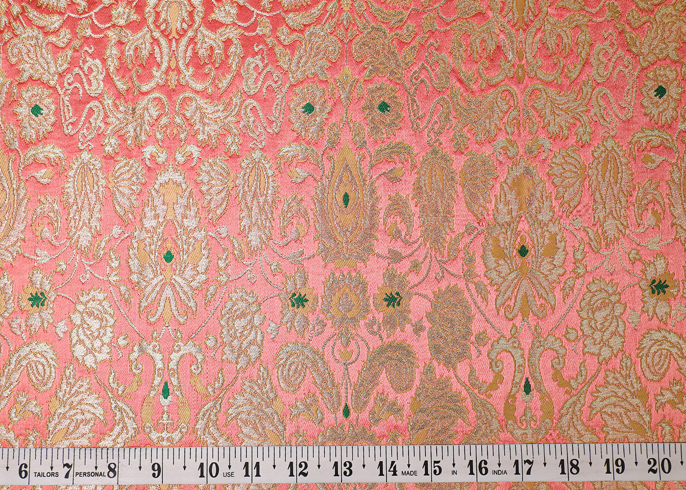 Peach Banarasi Brocade Fabric With All Over Thread And Golden Zari Handloom 19407