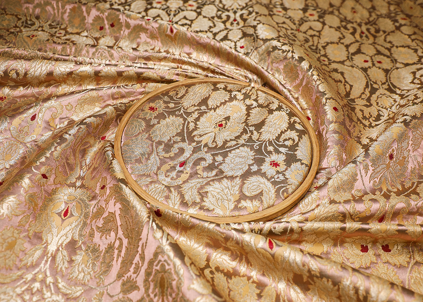 Blush Pink Banarasi Brocade Fabric With All Over Thread And Golden Zari Handloom 19409